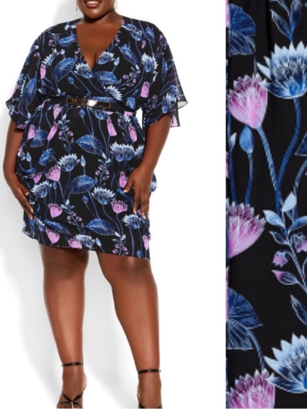 City Chic Wrap Vine Mini Flutter Sleeve Belted Dress: Black Waterlily Vine